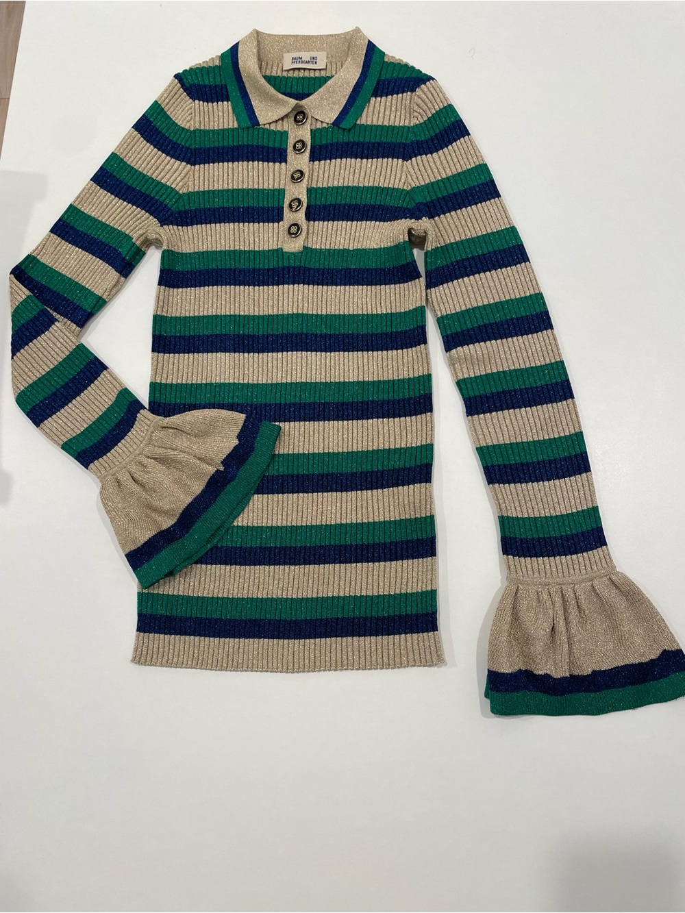 Striped Ruffle-Cuff Polo Sweater in Beige, Green & Navy